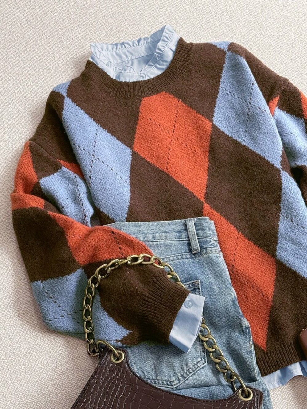 Reddish Brown Casual Women's Loose Rib-Knit Geometric Crew Neck Pullover Sweater - Picture 5 of 6